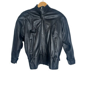 Vintage Leather Jacket Mens 42 Black Bomber Full Zip Cuir Veritable Morocco 80s